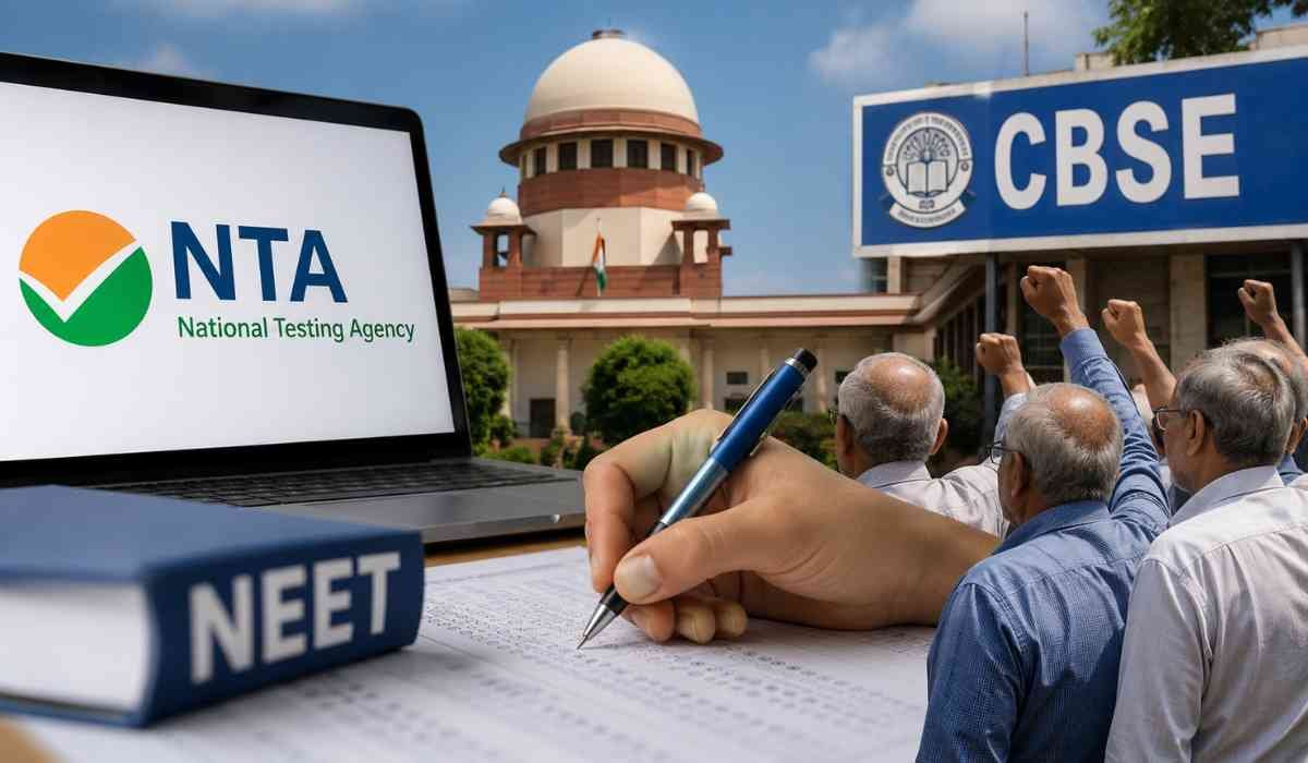 NTA CBSE Review से जुड़ी सांकेतिक तस्वीर, जिसमें NTA, CBSE, NEET परीक्षा और मूल्यांकन प्रणाली की समीक्षा की मांग को दर्शाया गया है।