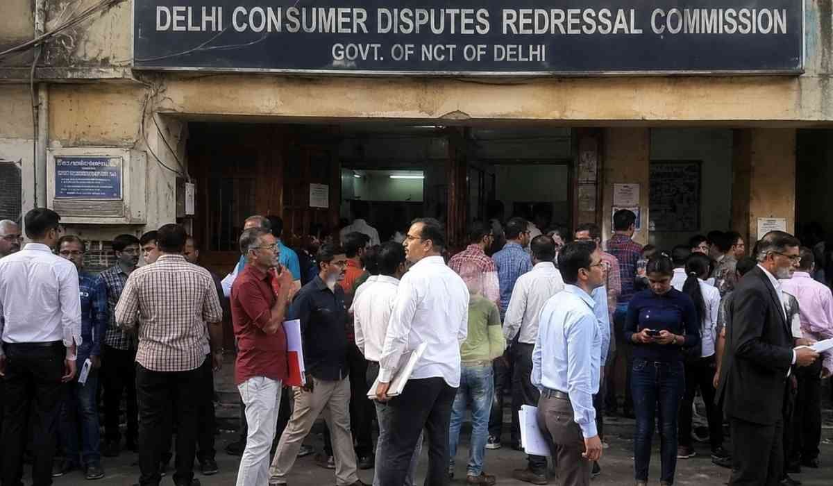 Delayed Flat Possession Refund मामले से जुड़ी तस्वीर, जिसमें उपभोक्ता आयोग के बाहर फ्लैट खरीदार और कानूनी प्रक्रिया से जुड़े लोग दिखाई दे रहे हैं।