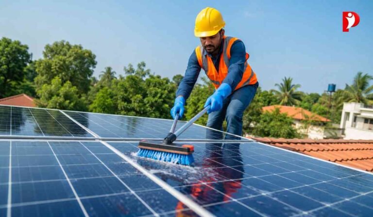 Solar Panel Cleaning Tips के तहत छत पर लगे सोलर पैनल को सुरक्षित तरीके से साफ करता हुआ तकनीशियन।
