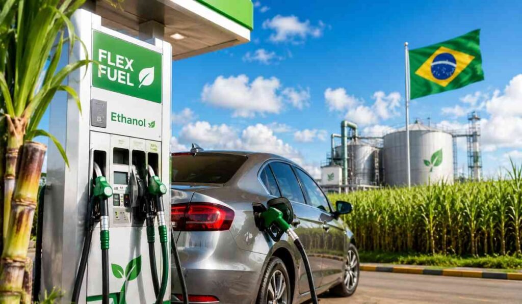 Flex Fuel Cars को दर्शाती इमेज जिसमें एथेनॉल फ्यूल स्टेशन पर फ्लेक्स-फ्यूल कार दिखाई दे रही है।