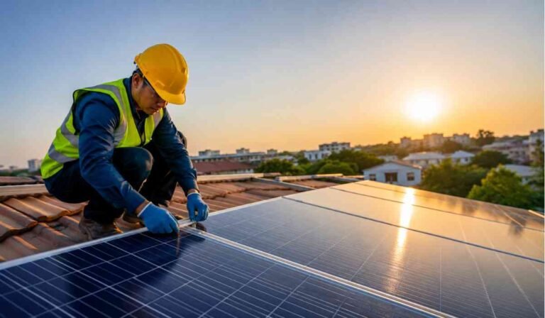 Solar Energy System Tips को दर्शाती इमेज जिसमें घर की छत पर सोलर पैनल इंस्टॉल करता टेक्नीशियन दिखाई दे रहा है।