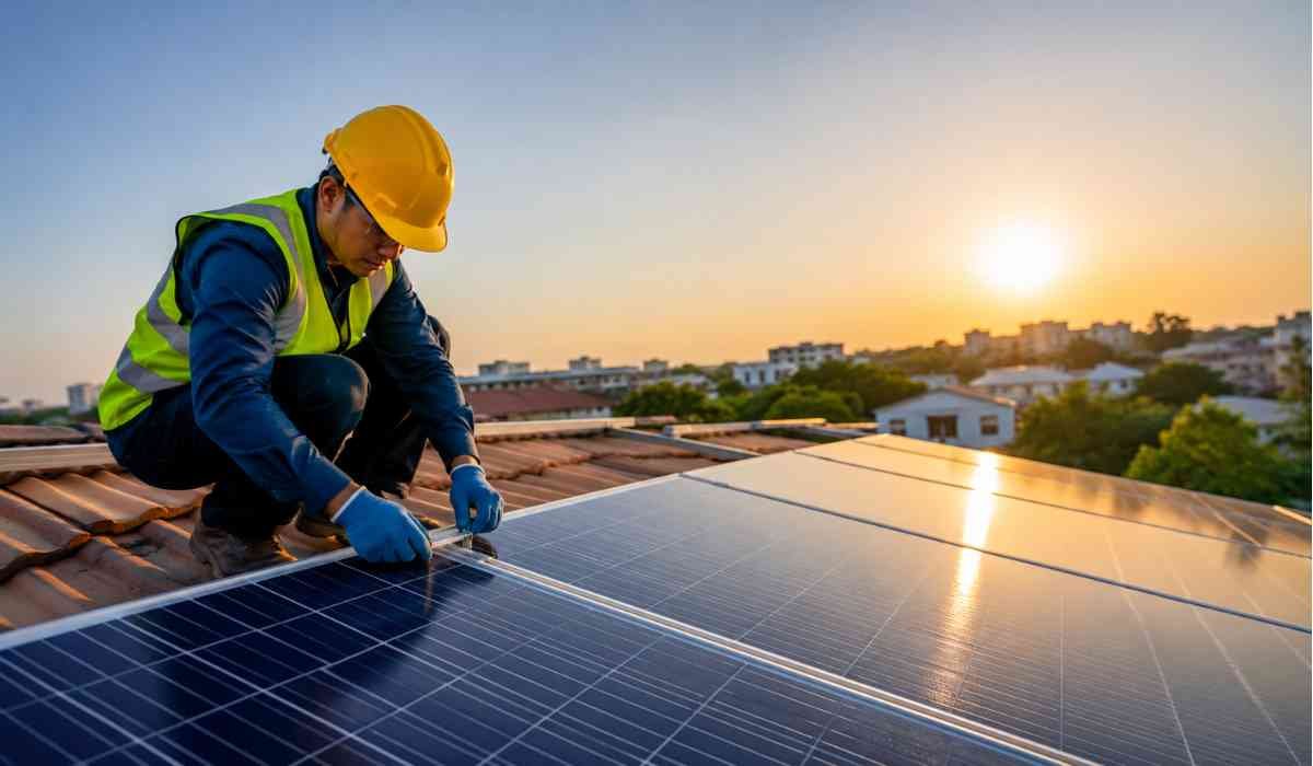 Solar Energy System Tips को दर्शाती इमेज जिसमें घर की छत पर सोलर पैनल इंस्टॉल करता टेक्नीशियन दिखाई दे रहा है।