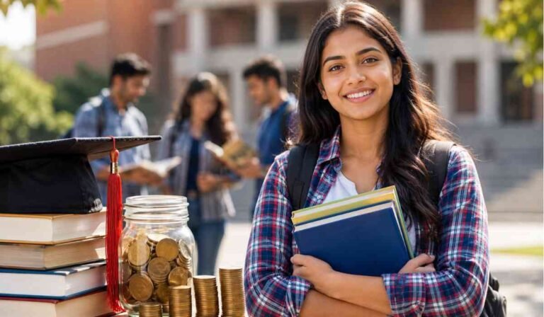 UGC Scholarship 2026 के लिए किताबें पकड़े यूनिवर्सिटी कैंपस में खड़ी छात्रा की तस्वीर।