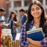 UGC Scholarship 2026 के लिए किताबें पकड़े यूनिवर्सिटी कैंपस में खड़ी छात्रा की तस्वीर।
