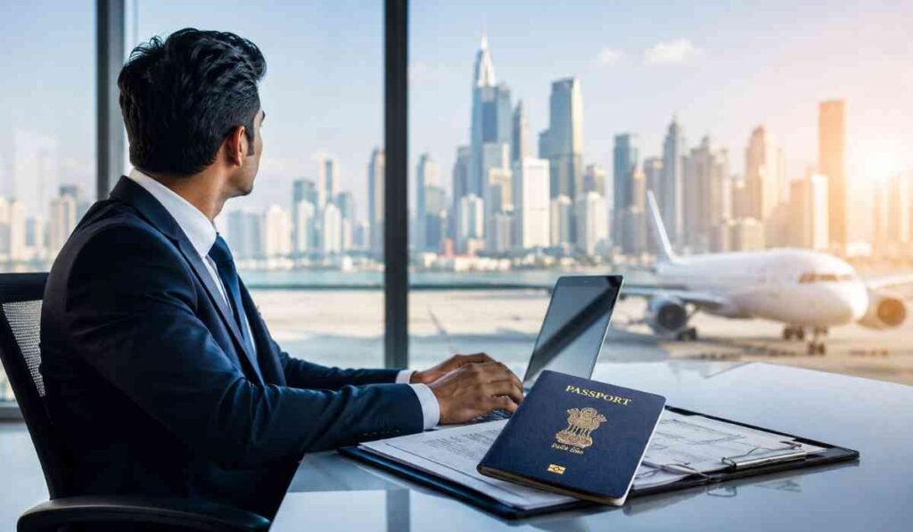 Business Visa for Foreign Countries के लिए आवेदन करता हुआ भारतीय बिजनेसमैन, पासपोर्ट, वीजा दस्तावेज और अंतरराष्ट्रीय यात्रा की तैयारी करता हुआ।